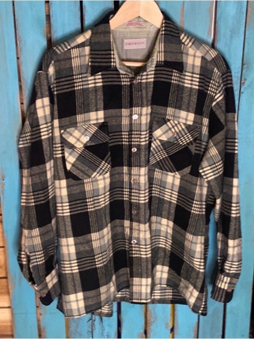 Vintage Cavallon acrylic plaid flannel shirt size large 16-16.5 navy blue white
